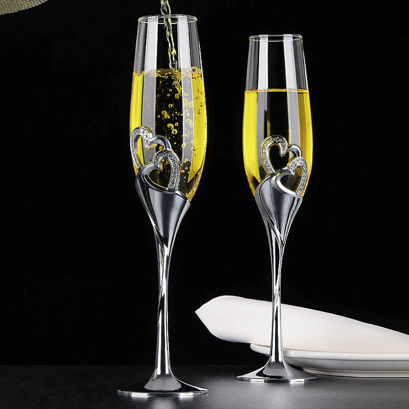 2pcs Wedding Crystal Champagne Glasses Couple Wedding Gift Party Glass Crystal Glasses Bar Supplies Stemware Silver Wine Glasses