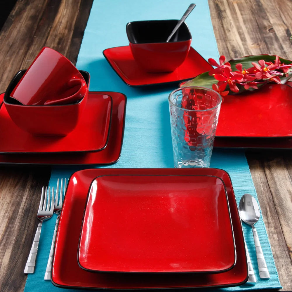 Rave Square Dinnerware, Red, Set Of 16  pratos  conjunto ,Plate set meal dinner set