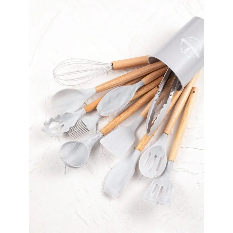 12pcs Silicone Kitchen Cookware Utensils Measuring Spoon Practical Cooking Tool Kitchenware Set Wooden Handle Storage