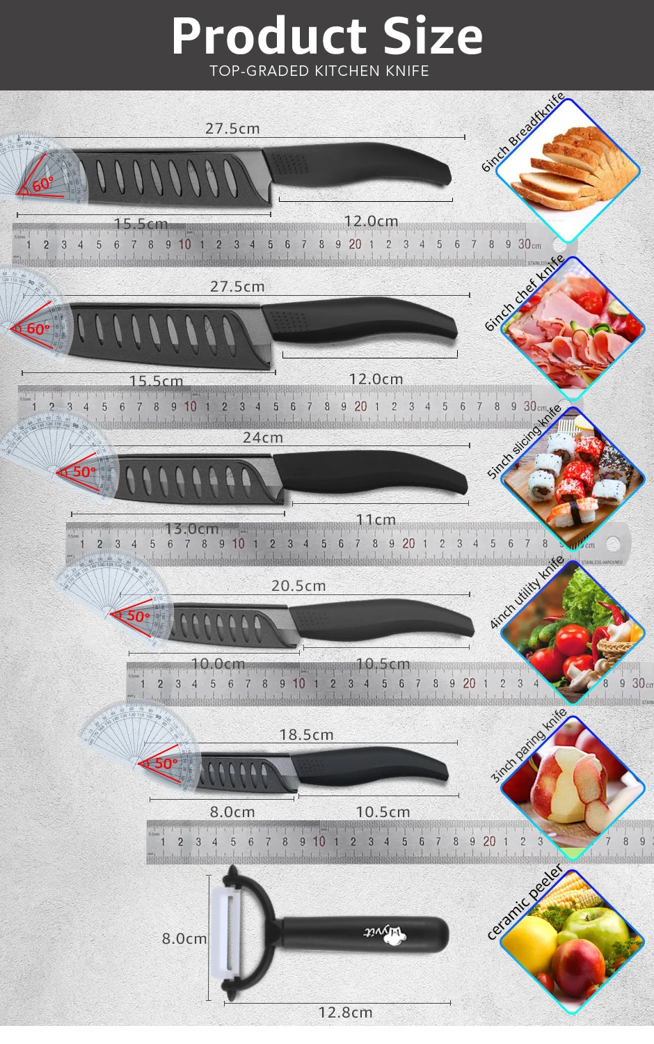 Ceramic Knives Complete Kitchen Unit 3 4 5 6 Inch Utility Fruit Slicing Peeler with Sheath Black Zirconia Blade Bread Chef Knife