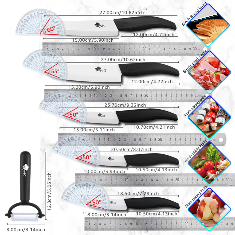 Ceramic Knives Kitchen knives 3 4 5 6 inch Chef knife Cook Set+peeler white zirconia blade Multi-color Handle High Quality