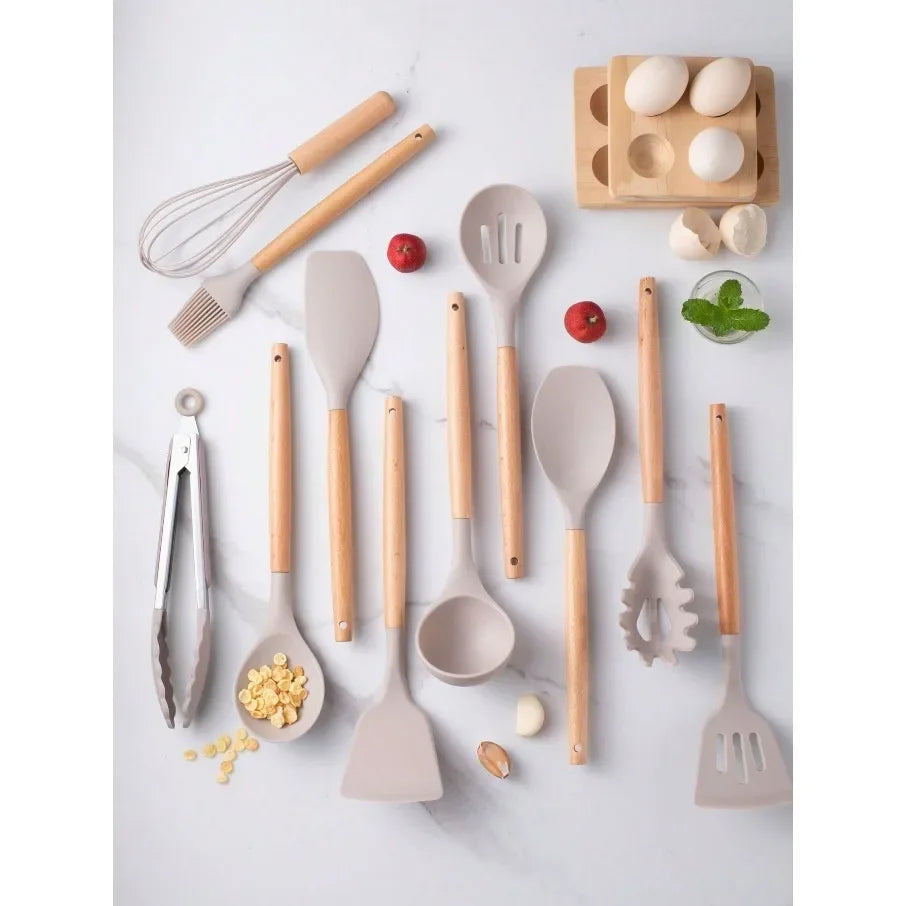 12pcs Silicone Kitchen Cookware Utensils Measuring Spoon Practical Cooking Tool Kitchenware Set Wooden Handle Storage