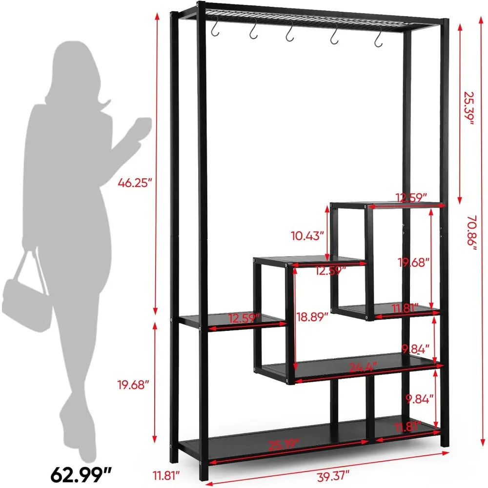 5 Tier Metal Plant Stand, 70.9inch Tall Indoor Plant Shelf with 6 Pcs Hanging Hooks, Flower Bonsai Pots Display Rack for Living