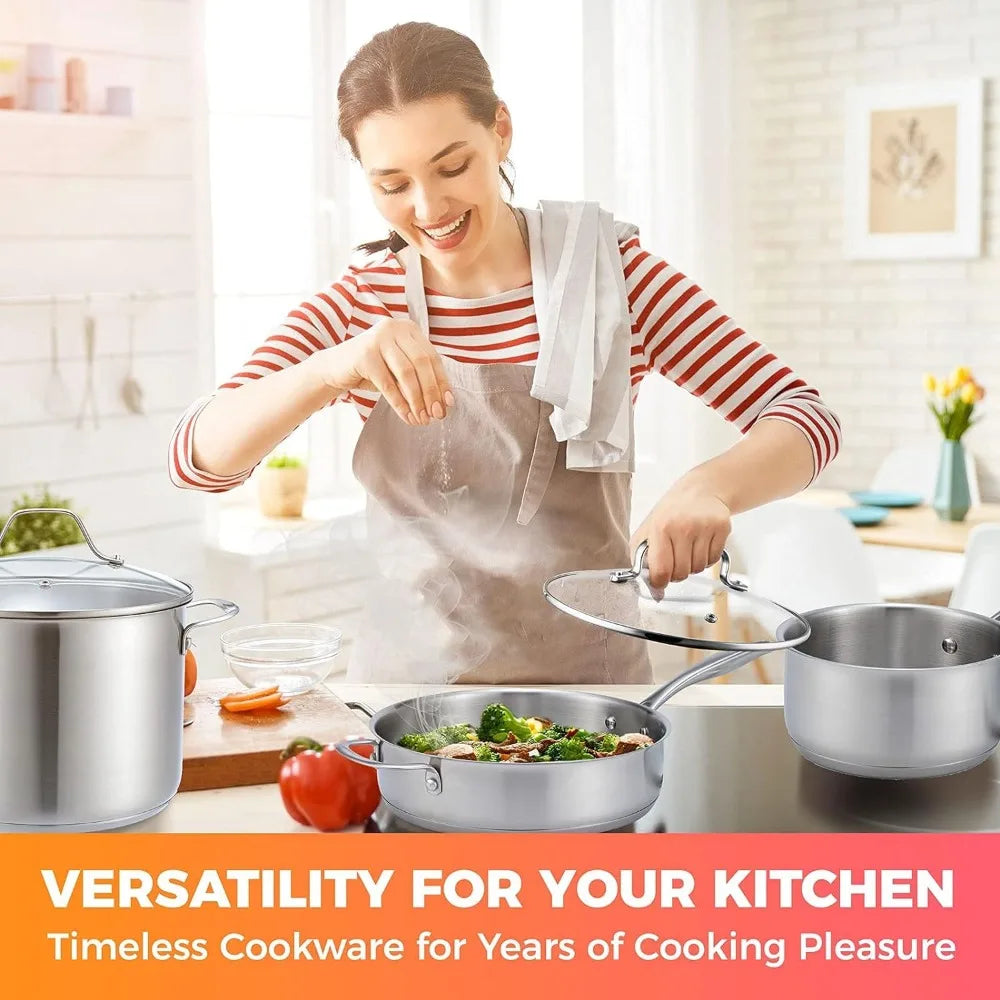 Pots and Pans Set 17-Piece, Stainless Steel Cookware Set, Ergonomic Handle, Each pan is suitable for oven and stovetop cooking